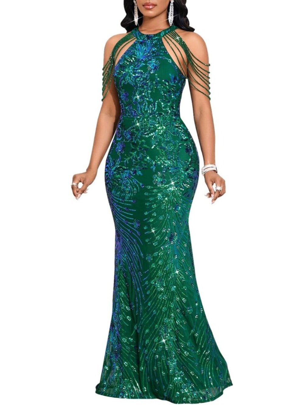 Women Green Pattern Elegant Sequin Tassel Off Shoulder Halter Bodycon Maxi Dress